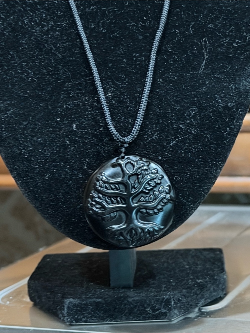 Unisex Black Obsidian Tree of Life Pendant Necklace - 85 ctw